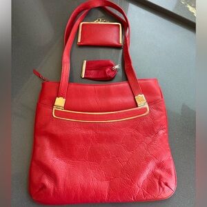 Rare vintage Red Leather Tote Bag set.